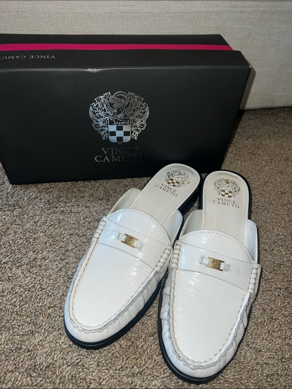 Vince Camuto White Patent Leather Slip-On Loafers with Gold Accent